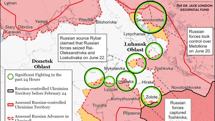 Мапа окупації Луганської області станом на 22 червня.