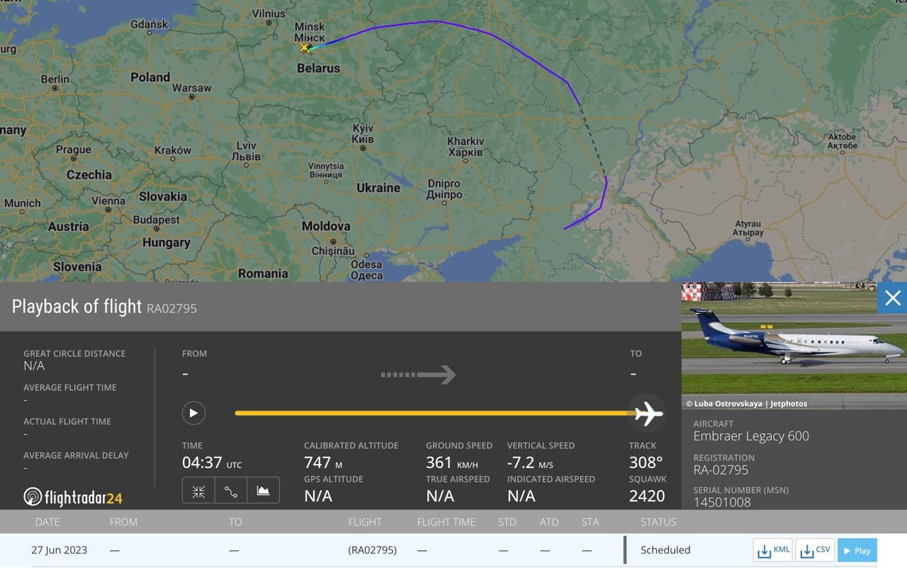 «Пропажа» знайшлася: до Білорусі прилетів літак Пригожина