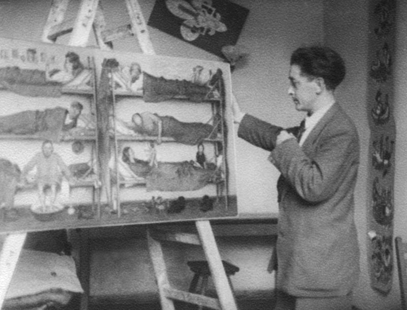 Я. Гніздовський біля картини «Переміщені особи» (1948)