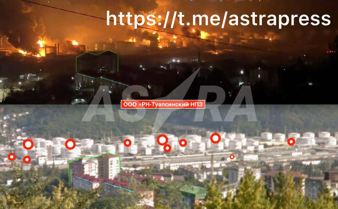 Потужна пожежа в резервуарному парку Туапсинського НПЗ виникла внаслідок нічної атаки.