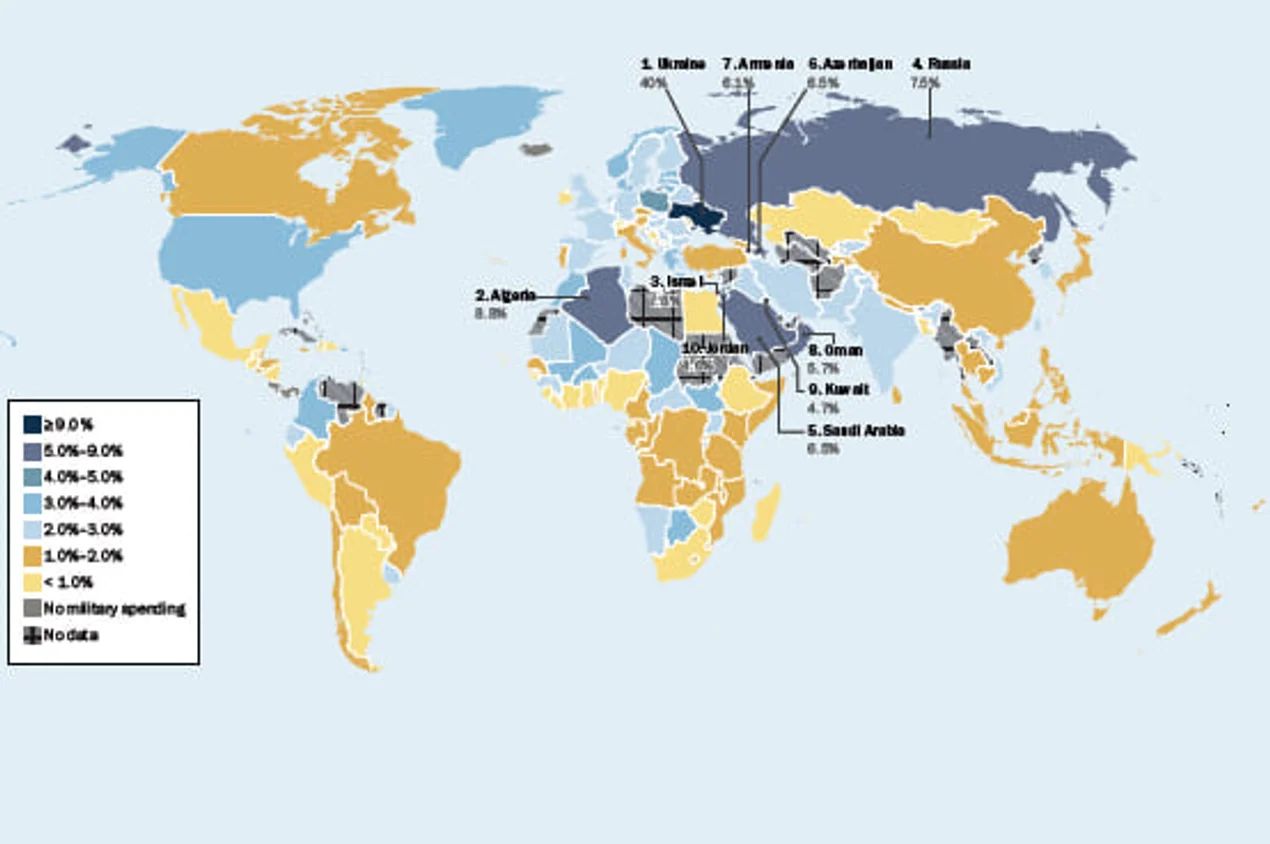 Перші десять країн світу за витратами на оборону відповідно до ВВП.
